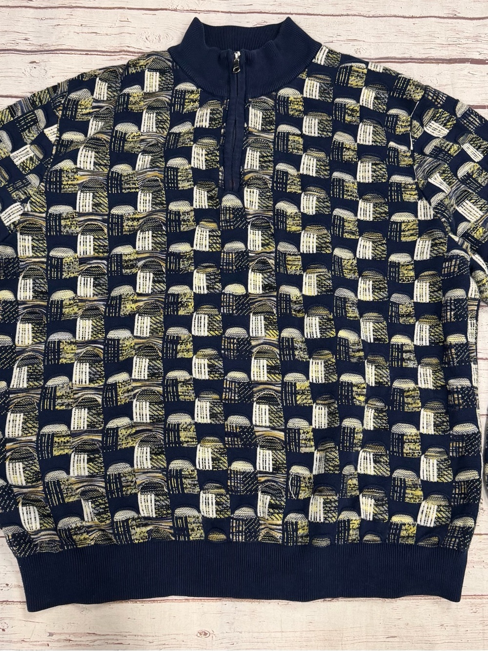 Prestige Sweater Navy Blue Abstract Geometric 1/4 Zip Men’s Pullover Size 4XL